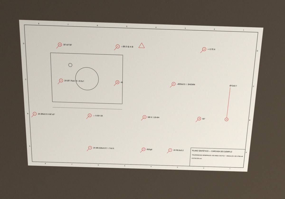 Foto en perspectiva de un plano sintético impreso sobre una mesa, con luz desigual